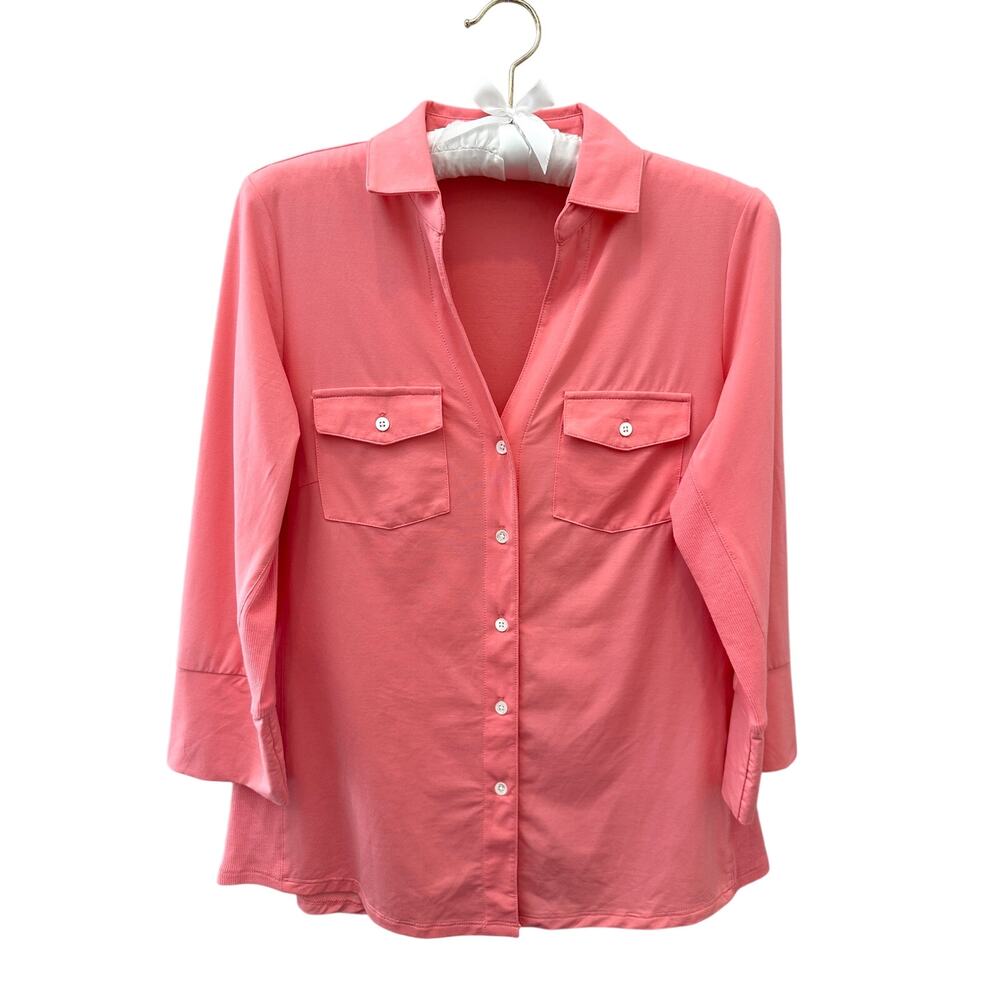J.McLaughlin Coral Pink Stretch Button Front Shirt Pocket Blouse Top New Small